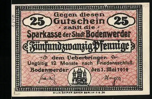 Notgeld Bodenwerder 1919, 25 Pfennig, Stadtwappen, Unterschrift