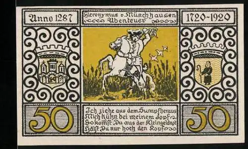 Notgeld Bodenwerder 1922, 50 Pfennig, Hiernoymus v. Münchhausen bei seinen Abenteuern