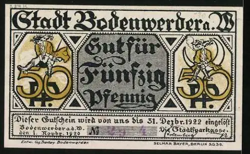 Notgeld Bodenwerder 1922, 50 Pfennig, Hiernoymus v. Münchhausen bei seinen Abenteuern