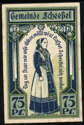 Notgeld Scheessel 1921, 75 Pfennig, Scheesseler Mädchen in Tracht, Kirche