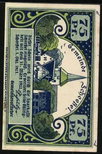 Notgeld Scheessel 1921, 75 Pfennig, Scheesseler Mädchen in Tracht, Kirche