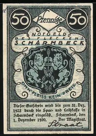 Notgeld Scharmbeck 1920, 50 Pfennig, Stadtwappen, Kirche