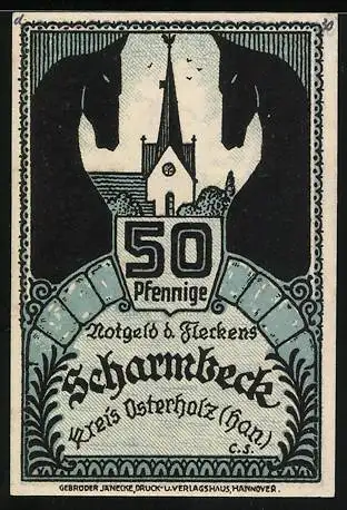Notgeld Scharmbeck 1920, 50 Pfennig, Stadtwappen, Kirche