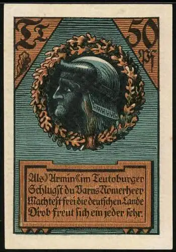 Notgeld Wettin, 50 Pfennig, Krieger Armin, alter Göttersitz