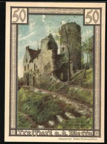 Notgeld Treffurt 1922, 50 Pfennig, Ansicht der Ruine, Stadtwappen