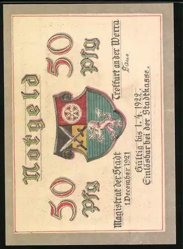 Notgeld Treffurt 1922, 50 Pfennig, Ansicht der Ruine, Stadtwappen