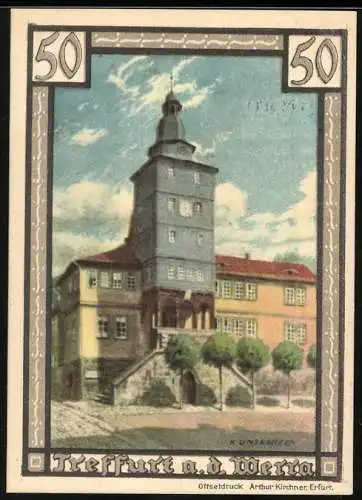 Notgeld Treffurt 1922, 50 Pfennig, Rathaus, Stadtwappen