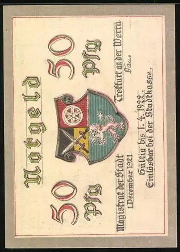 Notgeld Treffurt 1922, 50 Pfennig, Rathaus, Stadtwappen