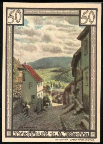 Notgeld Treffurt 1922, 50 Pfennig, Strassenpartie mit Wohnhäusern, Stadtwappen
