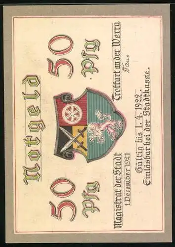 Notgeld Treffurt 1922, 50 Pfennig, Strassenpartie mit Wohnhäusern, Stadtwappen