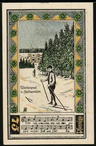 Notgeld Hahnenklee 1922, 75 Pfennig, Skifahrer im Winter, Hahn mit Kleeblatt