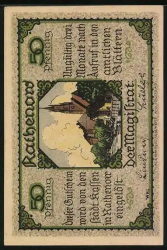 Notgeld Rathenow, 50 Pfennig, Rathenower Zietenhular, Ortspartie mit Kirche