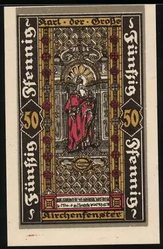 Notgeld Herstelle 1921, 50 Pfennig, Karl der Grosse im Kirchenfenster, Stadtwappen