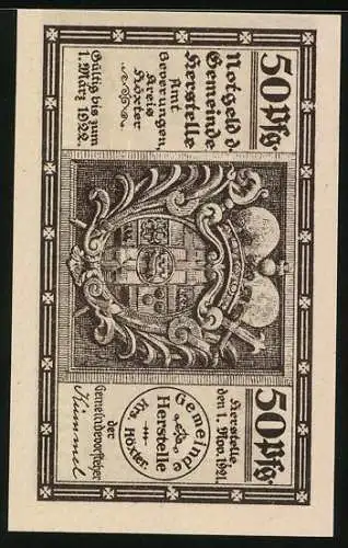 Notgeld Herstelle 1921, 50 Pfennig, Karl der Grosse im Kirchenfenster, Stadtwappen