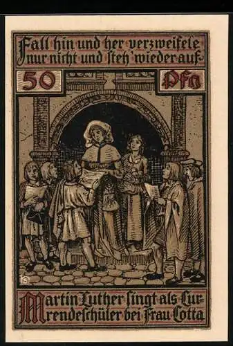 Notgeld Eisenach 1921, 50 Pfennig, Martin Luther singt bei Frau Lotta, Stadtwappen