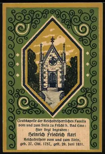 Notgeld Frücht 1922, 50 Pfennig, Grabkapelle der Familie vom und zum Stein zu Frücht
