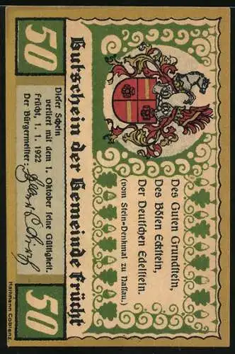 Notgeld Frücht 1922, 50 Pfennig, Grabkapelle der Familie vom und zum Stein zu Frücht