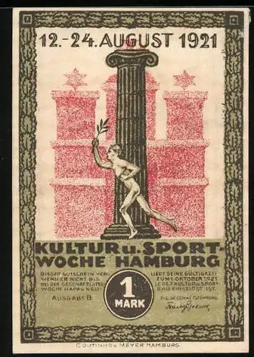 Notgeld Hamburg 1921, 1 Mark, Kultur u. Sportwoche, Turner vor der Säule