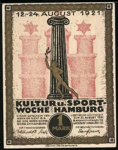 Notgeld Hamburg 1921, 1 Mark, Kultur u. Sportwoche, Turner mit Eichenblattzweig, Denkmal
