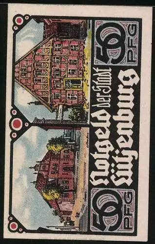 Notgeld Lütjenburg 1921, 50 Pfennig, Ortsansicht mit Uhrturm, Rathaus