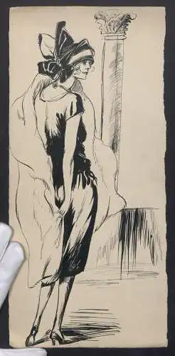 Handzeichnung elegante Dame im Abendkleid mit Pelzmantel und Schleifenhut, 17 x 37cm