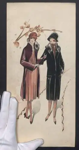 Handzeichnung zwei Damen in modisch eleganten Herbstkleidern mit Schirm und Hut, Handkoloriert, 17 x 37cm