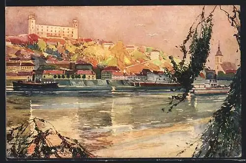 Künstler-AK Bratislava, Burgviertel vom Wasser aus