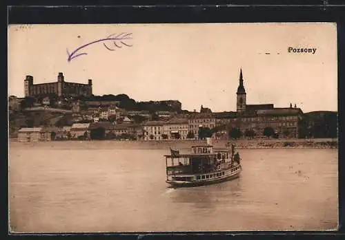 AK Pressburg, Panorama mit Dampfer von der Donau aus