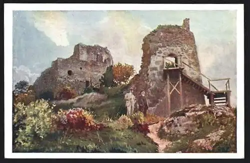 Künstler-AK Visegrád, Besucher an den Burgruinen