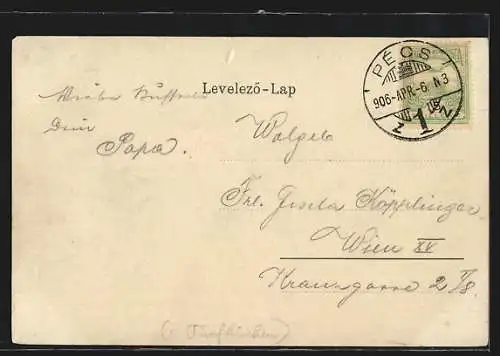 Mondschein-AK Pécs, Ortsansicht mit Ruine