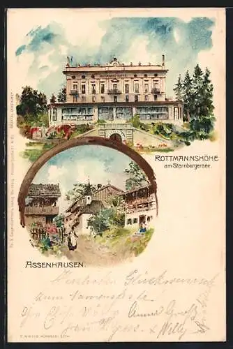 Lithographie Assenhausen / Starnberger See, Rottmannshöhe am Starnbergersee und Ortspartie