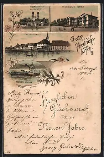 Lithographie Friedrichshafen, Das Königliche Schloss, das Kurhaus, Bodensee-Dampfer