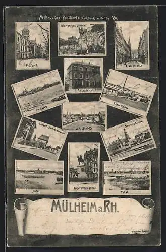 AK Köln-Mülheim, Postamt, Franzstr., Schiffbrücke, Hafen, Rheinpartie, Clemens Kirche, Kaiser Wilhelm Denkmal
