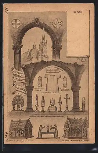 Lithographie Aachen, Der Dom, kleine Heiligtümer und Kunstschätze, Schrein mit den Gebeinen Karls des Grossen