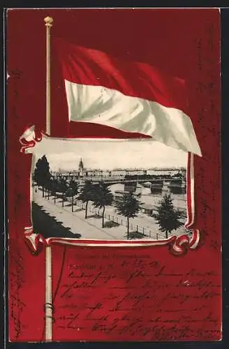 AK Frankfurt-Sachsenhausen, Blick nach der Obermainbrücke, Passepartout mit der Frankfurter Flagge