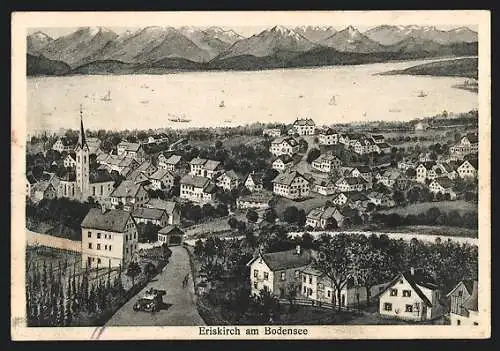 AK Eriskirch am Bodensee, Ortsansicht mit Blick auf See und Berge