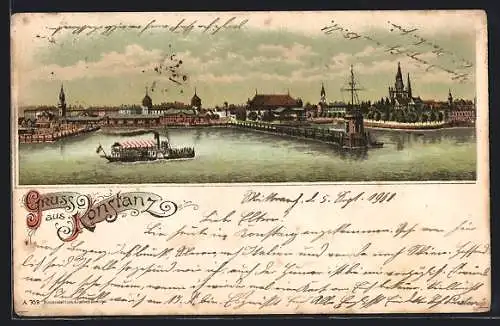Lithographie Konstanz, Hafenpanorama mit ankommendem Raddampfer