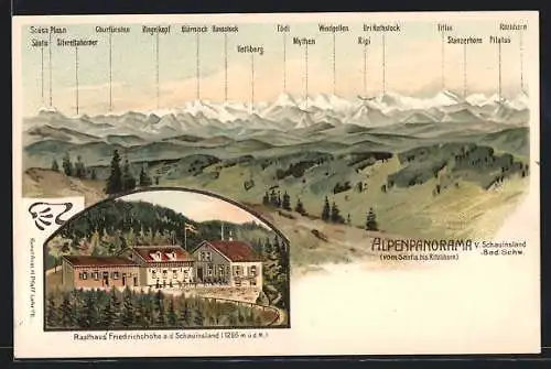 Lithographie Schauinsland, Rasthaus Friedrichshöhe a.d. Schauinsland, Alpenpanorama