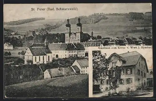 AK St. Peter /Bad. Schwarzwald, Gasthaus zum Kreuz v. Wwe. J. Rombach, Ortsansicht mit der Kirche