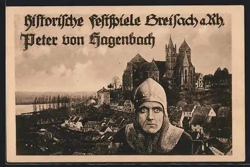 AK Breisach a. Rh., Peter von Hagenbach in Ritterrüstung vor der Stadt, Historische Festspiele