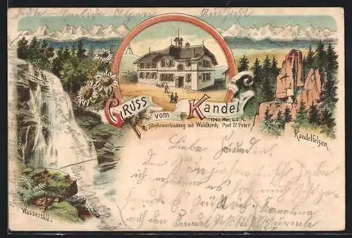 Lithographie St. Peter / Schwarzwald, Gaststätte Kandel-Rasthaus, Wasserfall, Kandelfelsen
