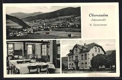 AK Oberwinden /Schwarzwald, Gasthaus zum Bahnhof mit Gastraum, Inh. Xaver Volk, Ortsansicht