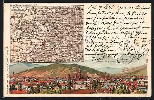 Lithographie Freiburg i. Br., Karte der Umgebung, Gesamtansicht