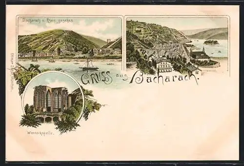 Lithographie Bacharach, Wernerkapelle, Ortsansicht über den Rhein