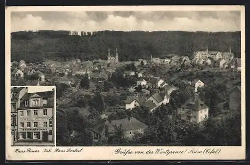 AK Prüm /Eifel, Das Gasthaus Biwer, Inh. Hans Dostert, Ortsansicht aus der Vogelschau