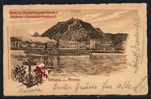 Lithographie Drachenfels /Rhein, Raddampfer der Kölnischen und Düsseldorfer Gesellschaft für Rhein-Dampfschiffahrt