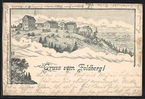 Lithographie Feldberg / Taunus, Panorama mit Wanderern und Berghütten