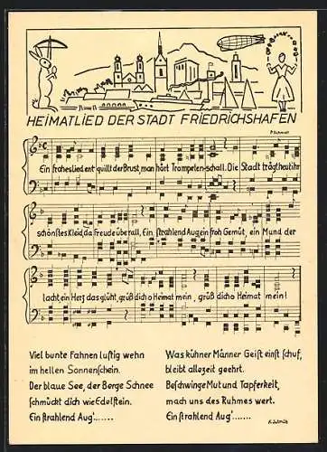 AK Friedrichshafen, Liedzeilen und Noten des Heimatliedes der Stadt, Ortsansicht mit einem Zeppelin