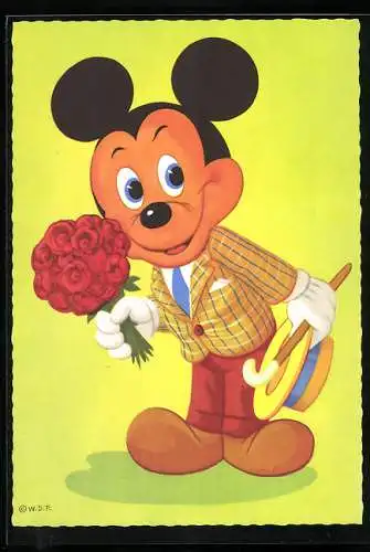AK Walt Disney, Micky Maus mit Blumenstrauss