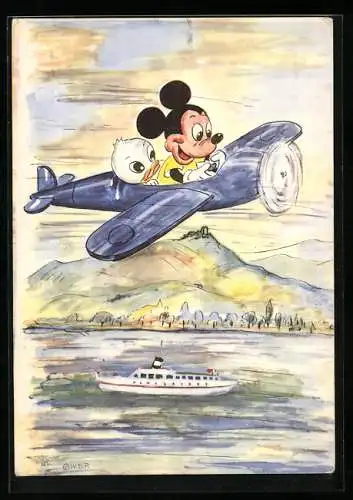 AK Mickey Mouse mit Entchen im Flugzeug über einem Dampfschiff auf dem Wasser